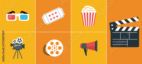Cinema icons front view, movie elements in orange yellow grid, entertainment symbol pack, vector illustration, flat design, media production theme