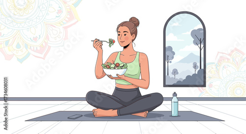 Healthy lifestyle concept woman eating salad and taking a break from yoga routine in peaceful yoga