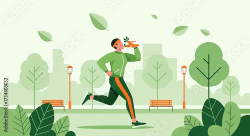 Healthy Lifestyle: Man Running in Park While Drinking Carrot Juice for Energy and Vitality