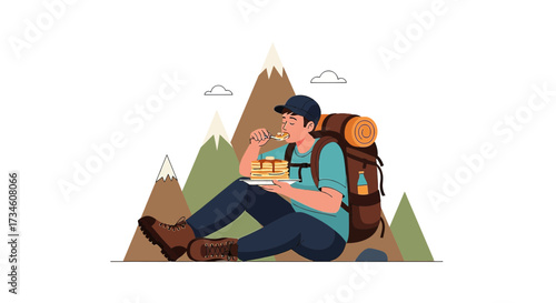 Hiker enjoying a pancake breakfast atop a scenic mountain range perfect rest moment illustration
