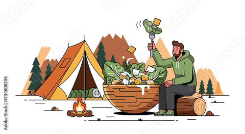 Illustrated camping scene featuring a man eating salad outdoors near a tent and campfire