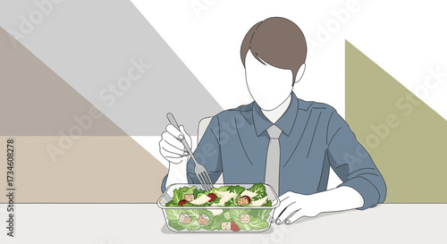 Illustration depicting a man in formal attire enjoying a healthy salad for lunch break office