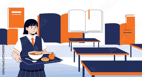 Illustration depicting a student in a school cafeteria setting carrying a lunch tray with food