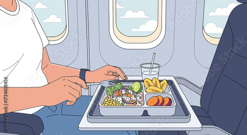 Illustration depicting a traveler enjoying a meal on an airplane with a window view providing
