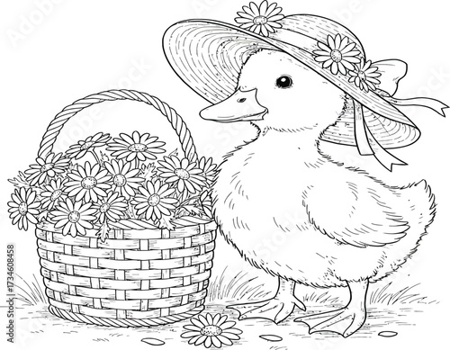 Adorable duckling wearing a daisy-decorated hat next to a basket overflowing with flowers, presented as line art for coloring.