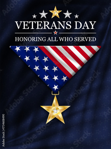 Veterans day banner background with folded flag of United States with silver star. Honoring all who served. November 11 Veterans day National holiday of the USA. Vector illustration.