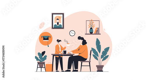 Illustration depicting family time with education and domestic elements in a cozy room