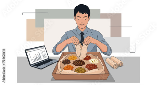 Illustration of a businessman enjoying ethiopian cuisine at his desk with laptop analysis charts