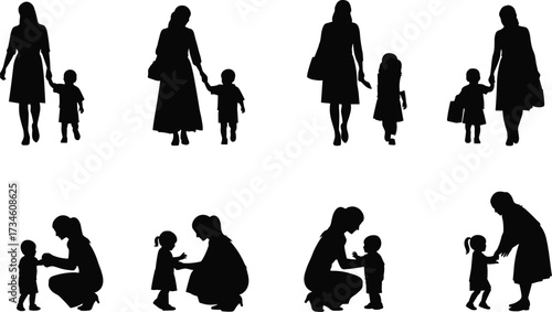 Silhouette of Adult and Child Interaction in Parenting, Teaching, Caring, and Bonding Moments – Family Relationship Vector Illustration Set