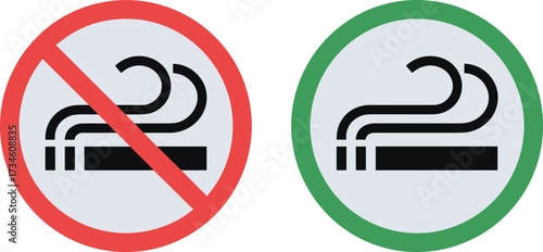 Smoking policy icons front view, no smoking and smoking allowed signs with cigarette symbol, vector illustration, flat design, health theme