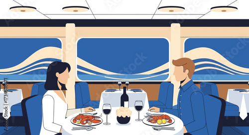 Illustration of a couple enjoying a romantic lobster dinner on a cruise ship with ocean views
