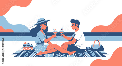 Illustration of a couple enjoying a summer picnic with drinks on a patterned blanket