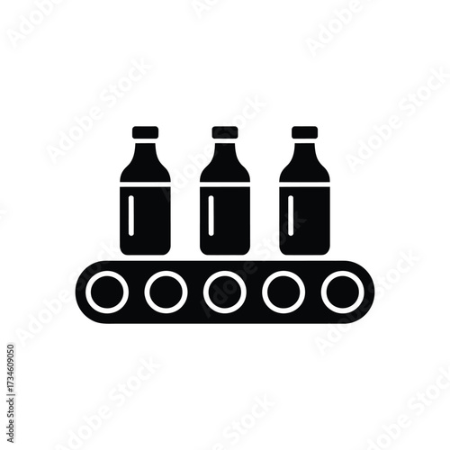 Industrial production line with three bottles on a conveyor belt