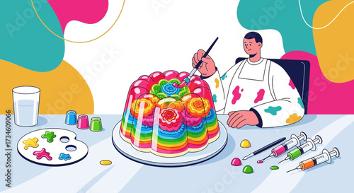 Illustration of a creative man painting a colorful rainbow gelatin dessert with vibrant details
