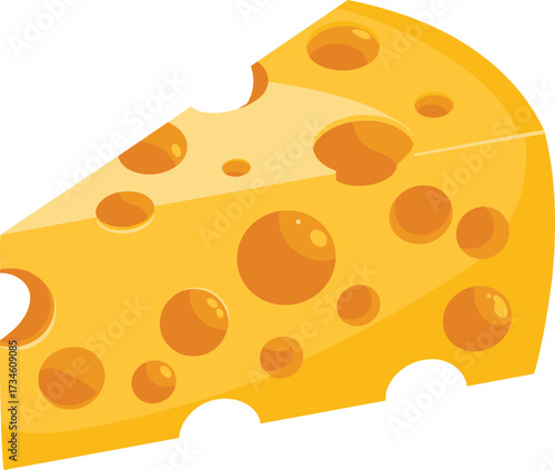 Swiss cheese wedge front view, cartoon style yellow slice with round holes, dairy food icon, vector illustration, flat design pack
