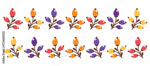 Set of berries isolated. Rosehip, cranberry, lingonberry. Red yellow blue berries with green leaf. Colorful Fresh tasty berries. Berry icon. Vector illustration