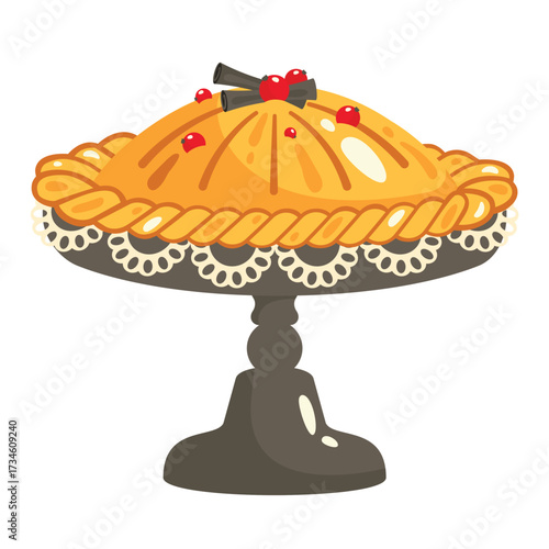 Thanksgiving pie. Classic Pumpkin cake decorated with berries and cinnamon sticks. Thanksgiving Day. Traditional holiday dessert. Vector flat Illustration for menu, invitations, greeting card, banner