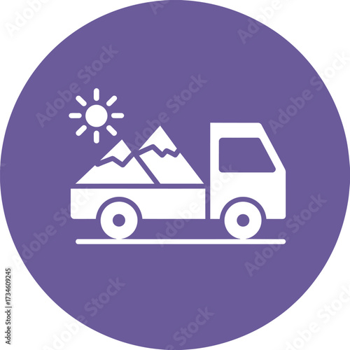 White silhouette of a truck carrying a load of mountains under a bright sun