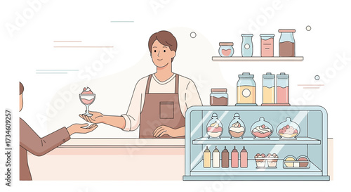 Illustration of a friendly barista serving a delicious dessert to a customer at a modern cafe