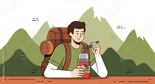 Illustration of a hiker enjoying a meal amidst the mountains, showing an outdoor adventure and