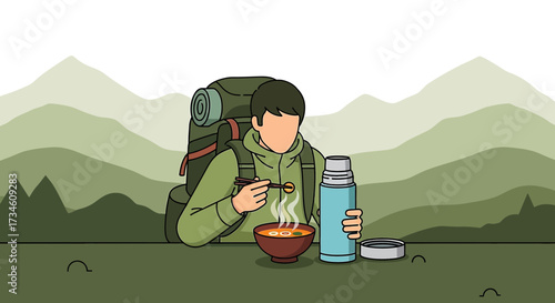 Illustration of a hiker enjoying a meal with mountains in the background scene in nature