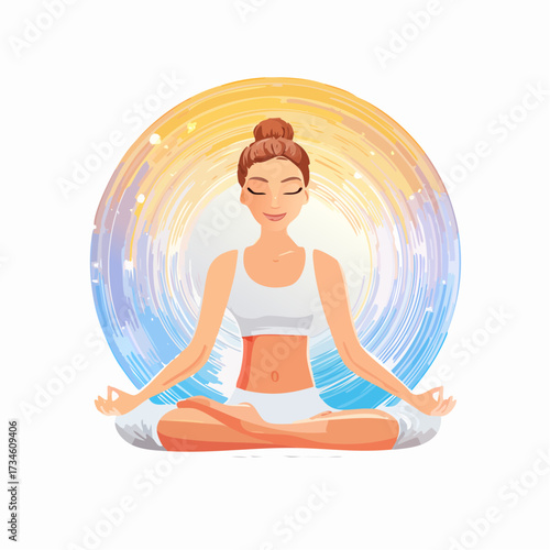 Young woman meditating in the lotus pose surrounded by a glowing colorful aura. Vector illustration concept for wellness and spiritual harmony