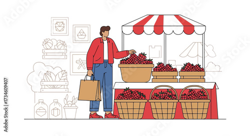 Illustration of a man buying raspberries at a farmers market with a retro style design