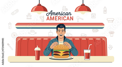 Illustration of a man enjoying a large burger in a classic American diner setting