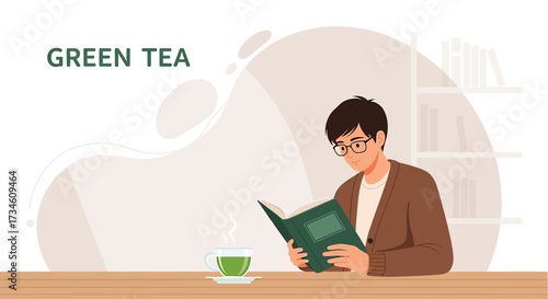 Illustration of a man reading a book with a cup of green tea vector design for relaxation time