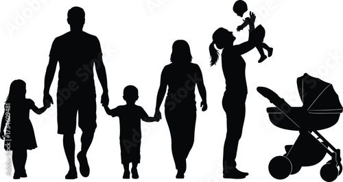 Silhouette family walking together with children, parents, baby stroller, bonding moments, outdoor lifestyle, parenting concept, black vector illustration
