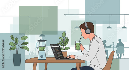 Illustration of a modern professional working remotely while enjoying a healthy smoothie