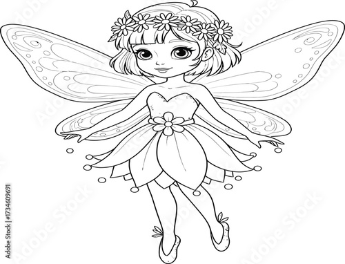 Detailed line art of a fairy with wings and a flower crown.