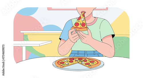 Illustration of a person enjoying a delicious pizza slice with pepperoni and mushrooms inside a