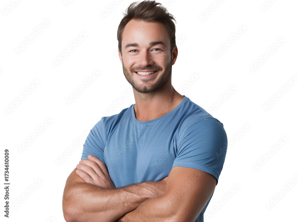 Fototapeta premium a handsome man in a blue t-shirt, smiling with his arms crossed, on a transparent background.