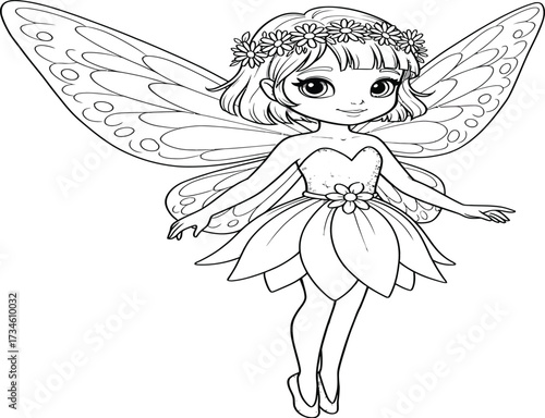 A black and white coloring page illustration of a cute, smiling cartoon fairy with large wings and a flower dress.
