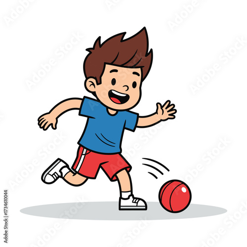 Happy cartoon boy playing soccer with a red ball, active childhood fun