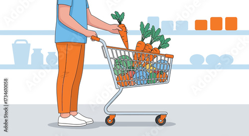 Illustration of a person pushing a shopping cart full of fresh vegetables and fruits indoors