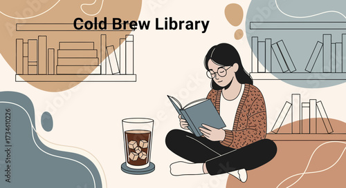 Illustration of a relaxed woman enjoying a cold brew while reading in a cozy library