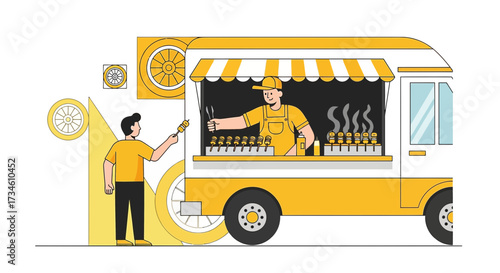 Illustration of a street food vendor selling skewers from a food truck to a customer smiling and