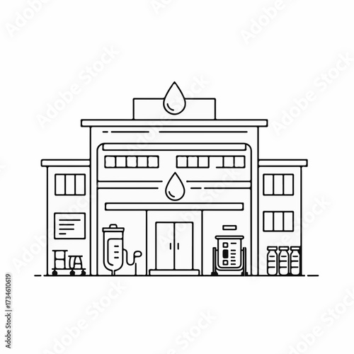 Modern clinic building with medical equipment and supplies for healthcare services.