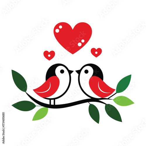 Two birds on a branch with hearts love leaves