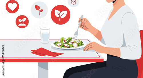 Illustration of a woman enjoying a healthy salad representing healthy eating habits