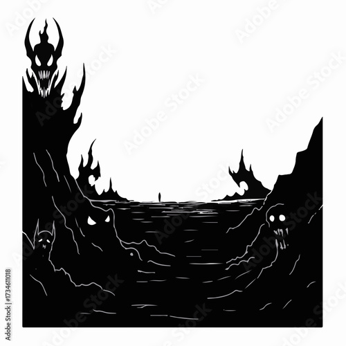 Solitary figure walks through a dark, eerie landscape with monstrous shadows looming.