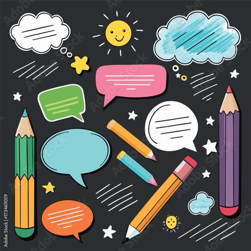Colorful doodle illustration with pencils, speech bubbles, stars, and sketchy hand-drawn style