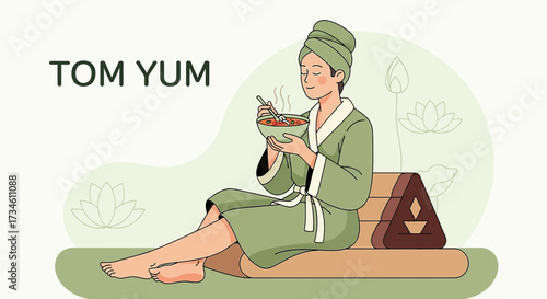 Illustration of a woman enjoying a relaxing spa day while savoring a bowl of Tom Yum soup