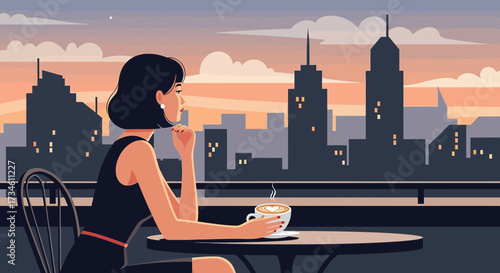 Illustration of a woman enjoying coffee with a city skyline view at sunset ambiance