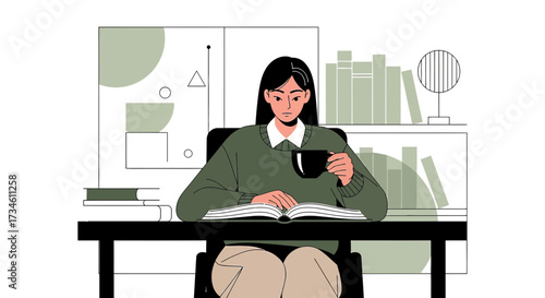 Illustration of a woman reading a book and drinking coffee at her desk surrounded by books and