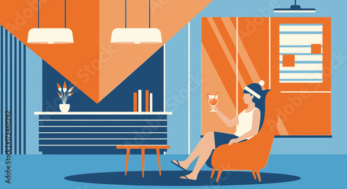 Illustration of a woman relaxing with a cocktail in a stylish modern interior design setting