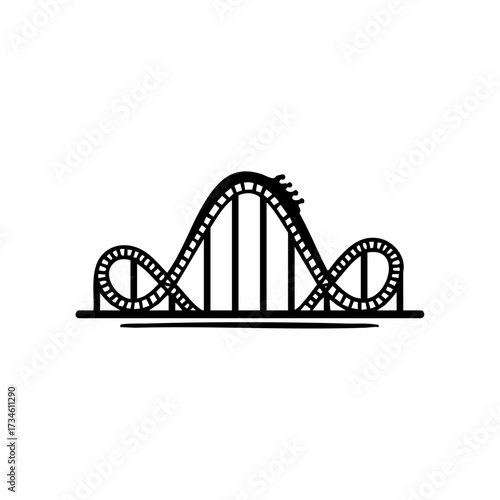 Minimalist vector icon of a roller coaster with looping tracks and cars, symbolizing amusement parks, thrill rides, and entertainment.
