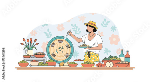 Illustration of a woman serving food at a buffet with fresh vegetables and fruits offering a